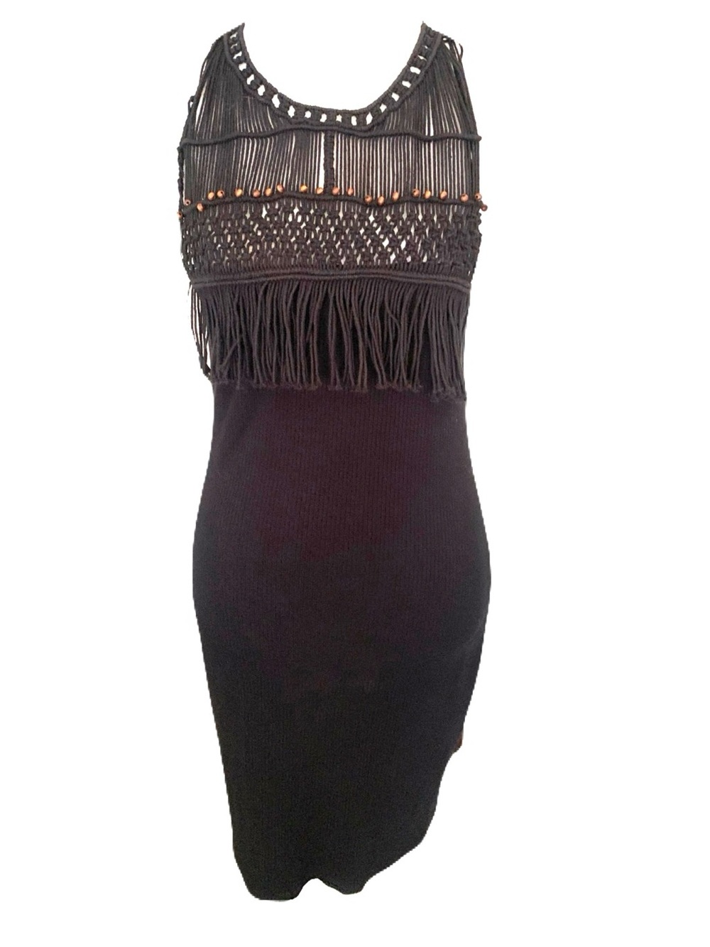 NWT Desigual Large Black Fringe Ribbed Knit Mini Dress Western Boho Festival